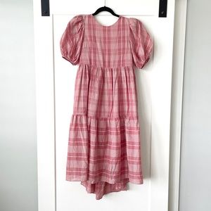 English Factory Pink Plaid Puff Sleeve Midi Dress